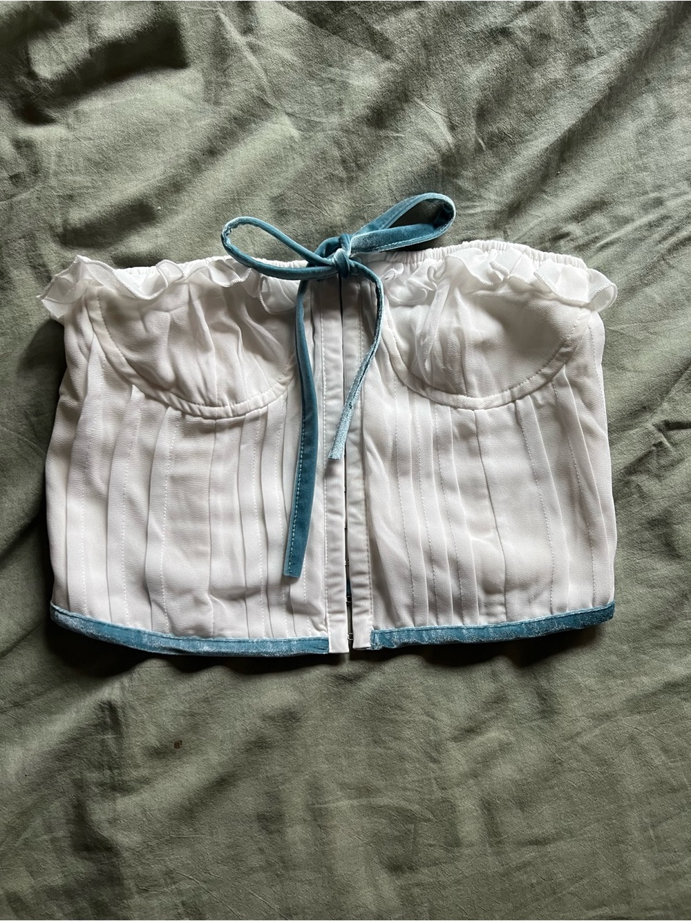 White Strapless Crop Top with Blue Trim
